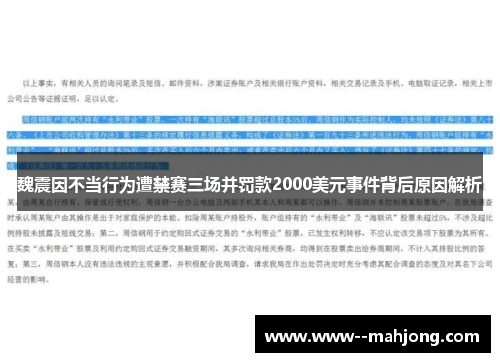 魏震因不当行为遭禁赛三场并罚款2000美元事件背后原因解析 魏震因不当行为遭禁赛三场并罚款2000美元事件背后原因解析